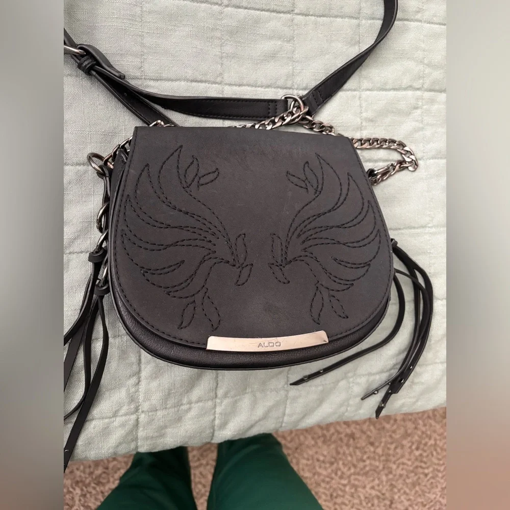 Aldo Black Western Boho Crossbody Saddle Bag | Embroidered Tassel Chain Purse